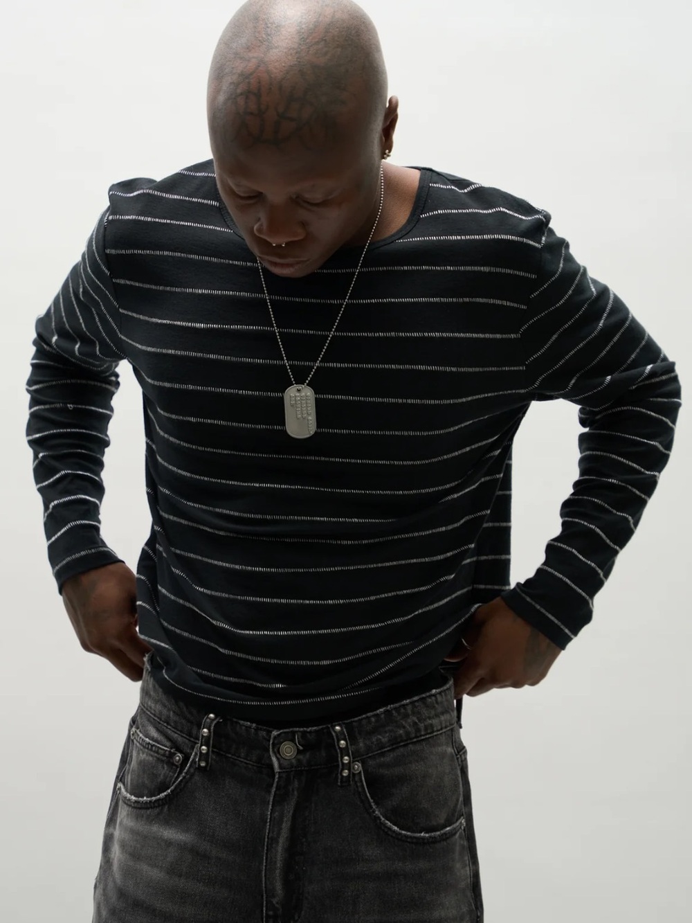 Vague Men's XXL Long-Sleeve Tee with Hand Stitched Stripes